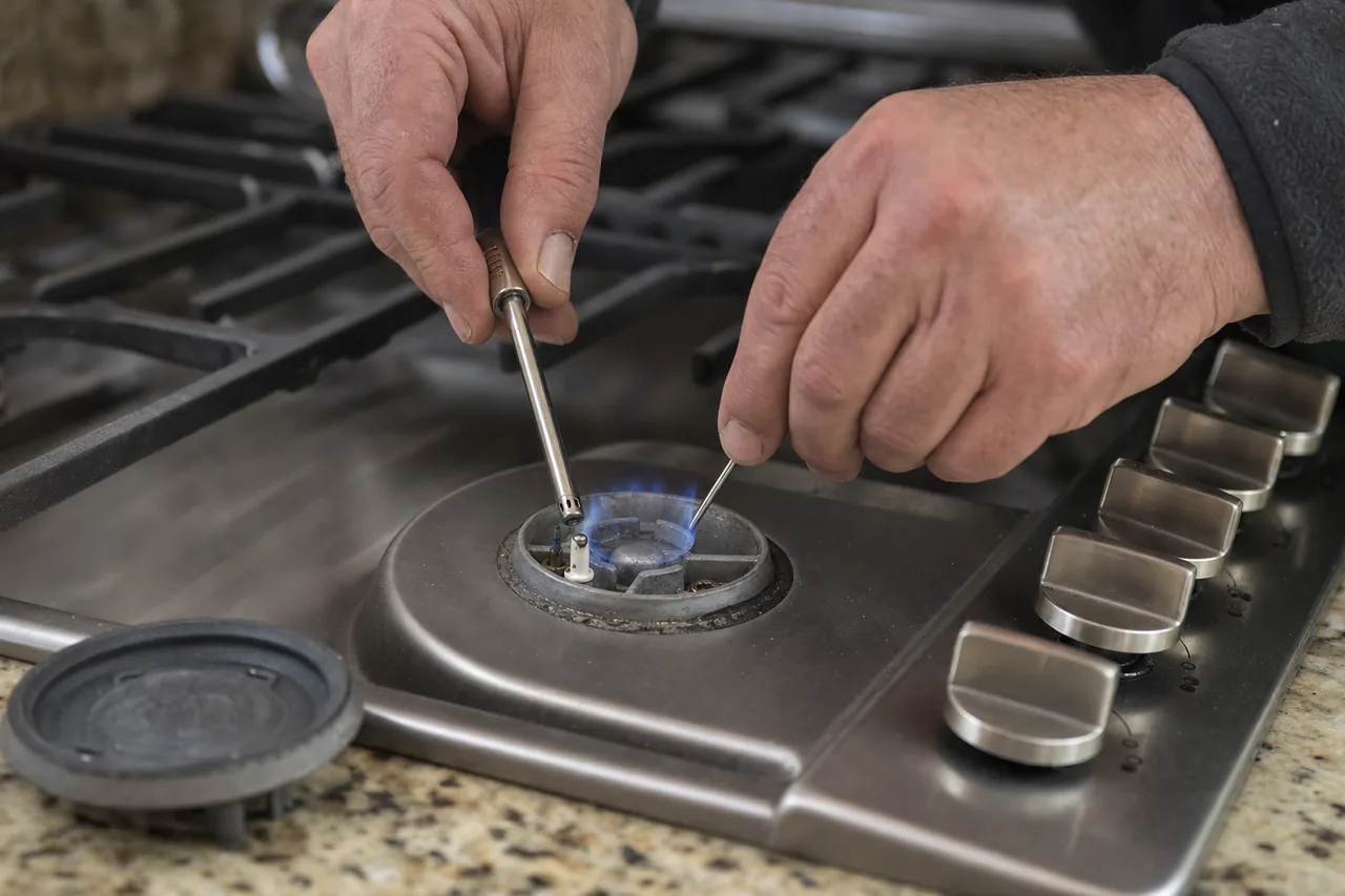 Technician adjusting a gas cooktop burner in a Mount Kisco kitchen