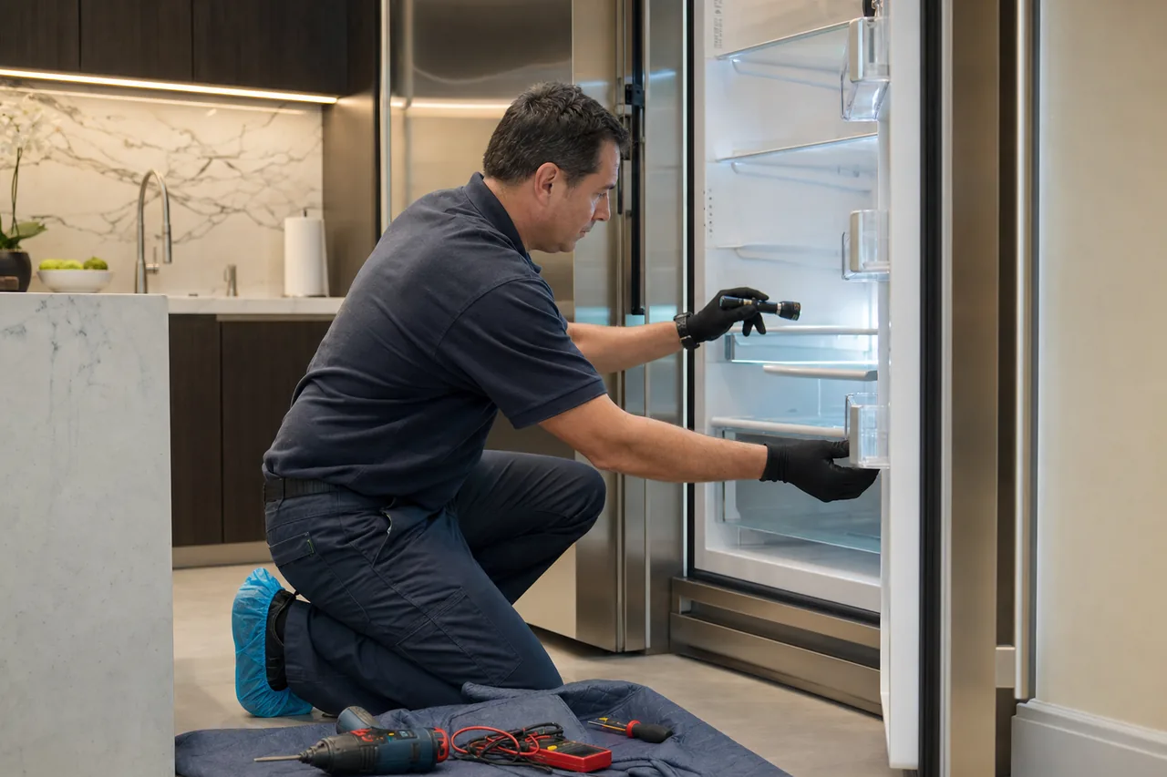 Technician repairing a built-in refrigerator mid-repair