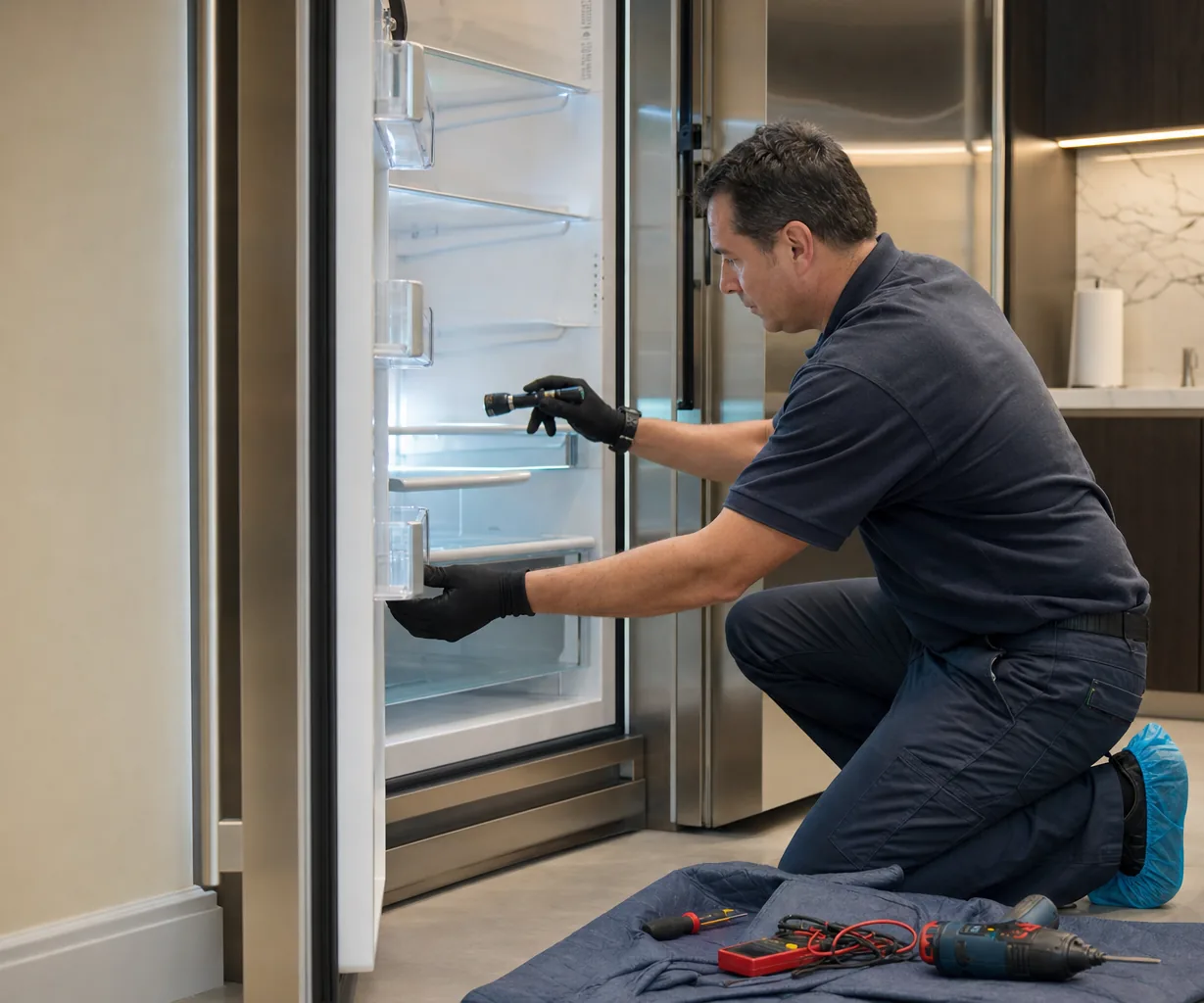 Technician repairing a built-in refrigerator in a Mount Kisco kitchen