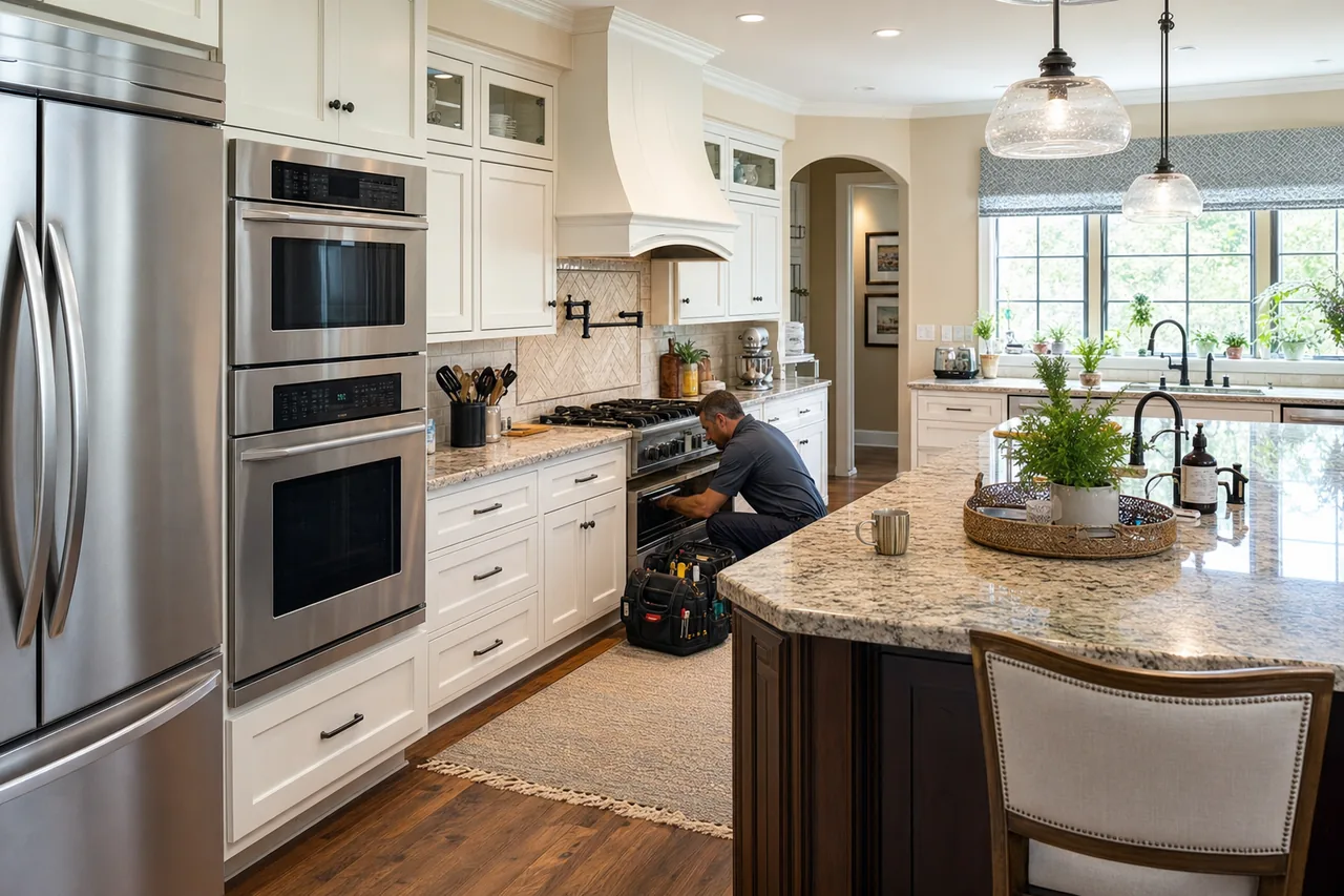 A luxury kitchen with built-in stainless appliances in a Mount Kisco kitchen