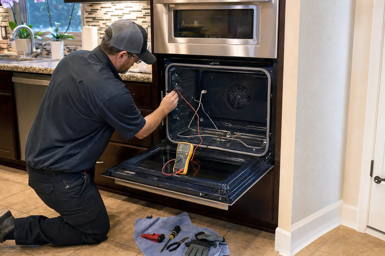 Technician servicing a built-in wall oven up close