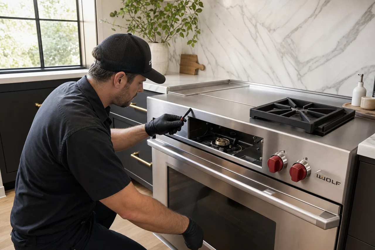 Technician servicing a stainless Wolf range on a same-day visit